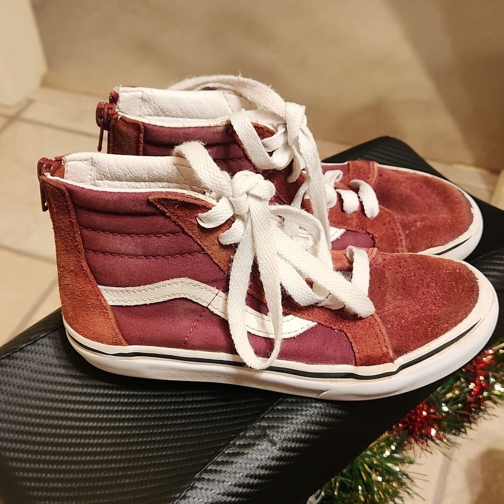 Vans Kids Hi Top Red Canvas & Suede Skater Shoes Size 1